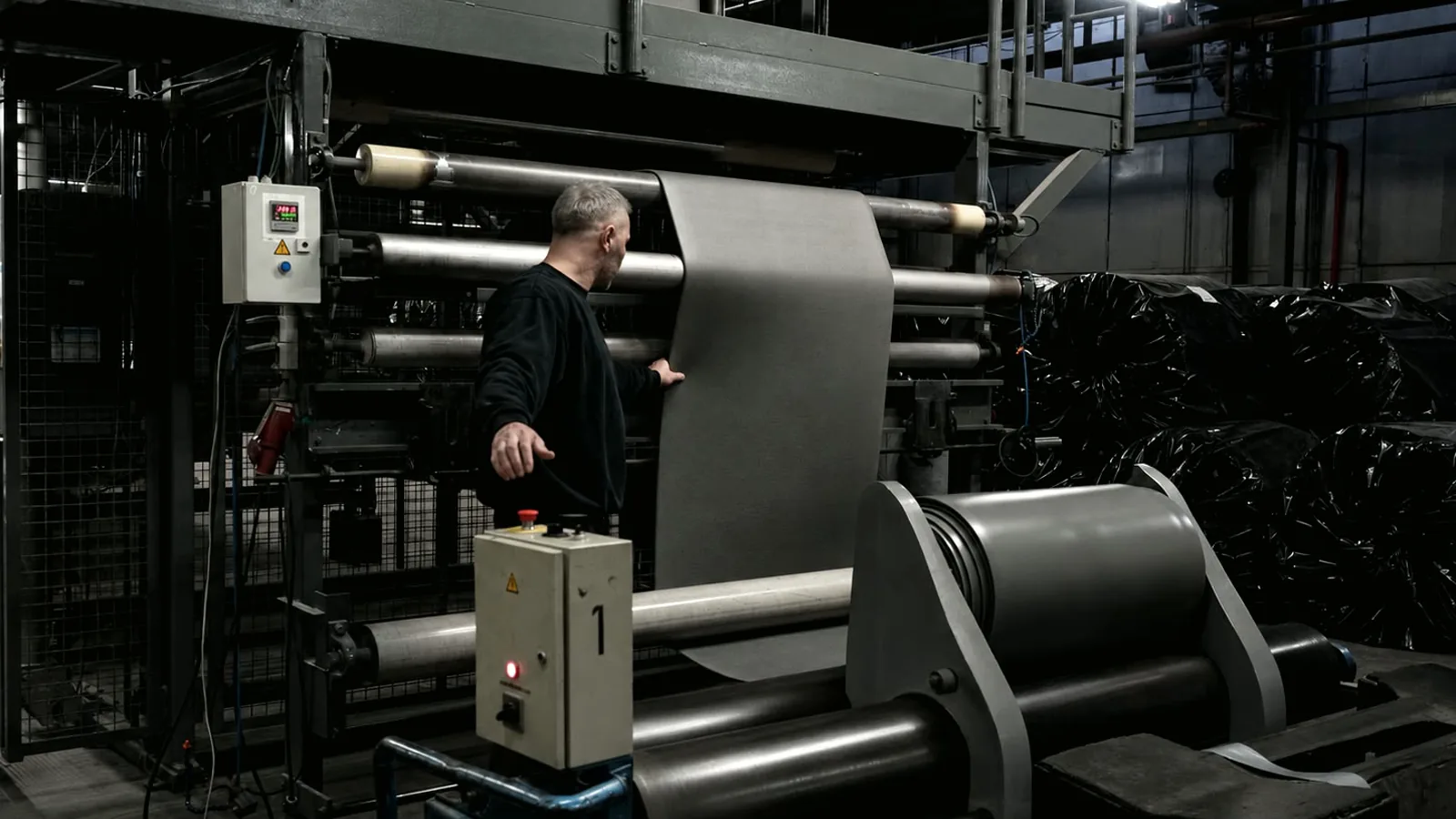 A production line in the Belgian factory, running matting off the roll